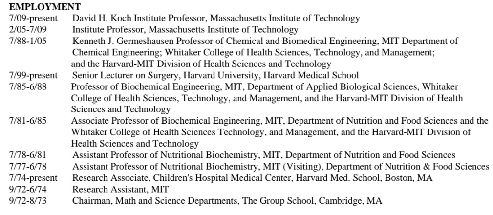 This is the employment history of Robert Langer.