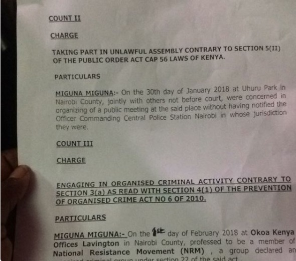 Charge sheet of Dr. Miguna Miguna at Kajiado Law Courts 