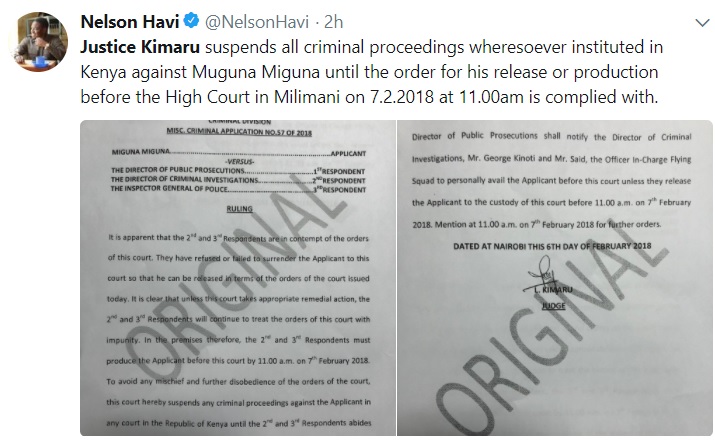 Judge Luka Kimaru has suspended all criminal proceedings against Miguna Miguna until the order for his release or production before High Court is complied with. 