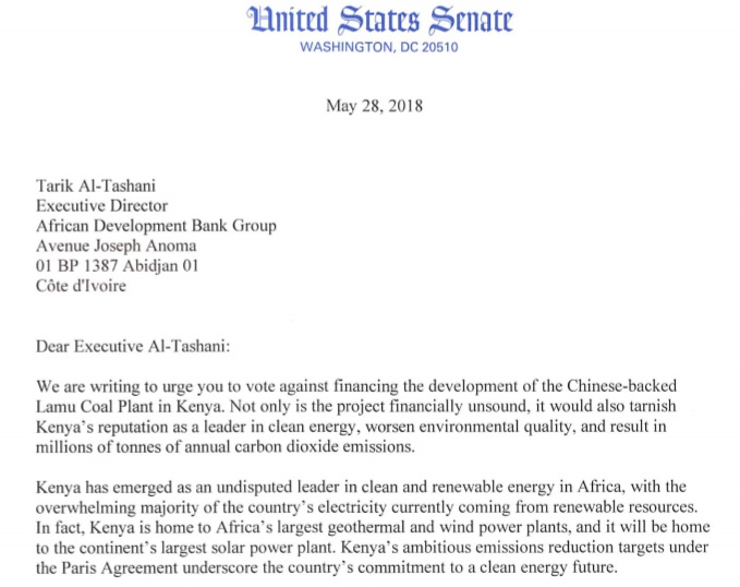 Letter by US Senators opposing the Lamu coal project. 