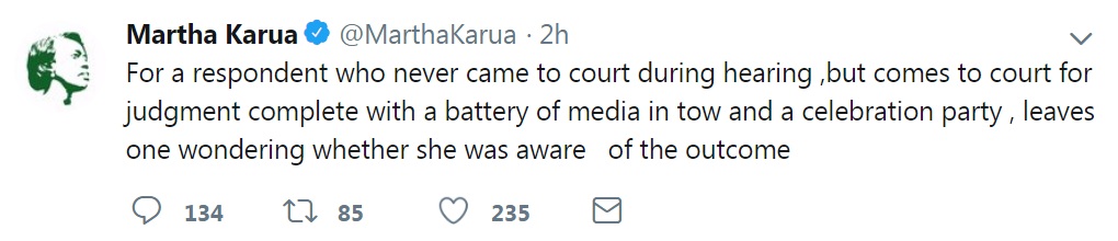 Image: Marta Karua alleged that the ruling was predetermined. 