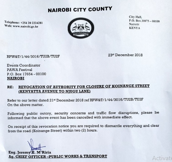 Pawa254 received a letter from Nairobi County government revoking an approval that they had been given earlier to go ahead with their festival. 