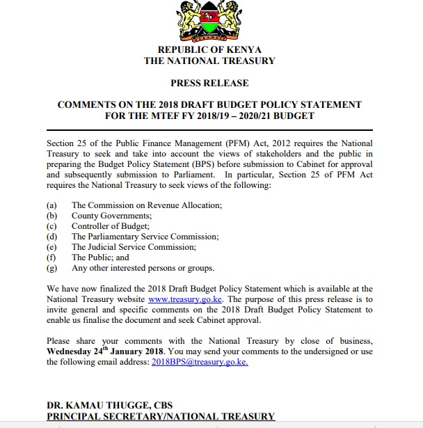 “The Big Four” is the central theme of Kenya’s Budget Policy Statement 2018