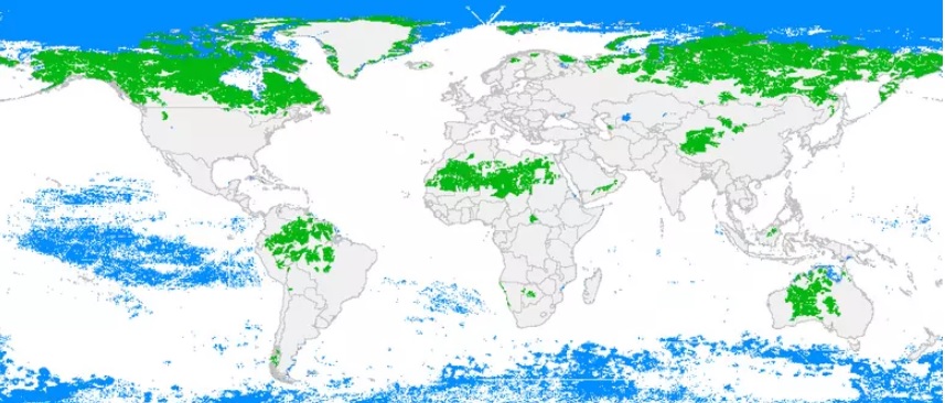 World wilderness Map showing 5 Countries of wilderness