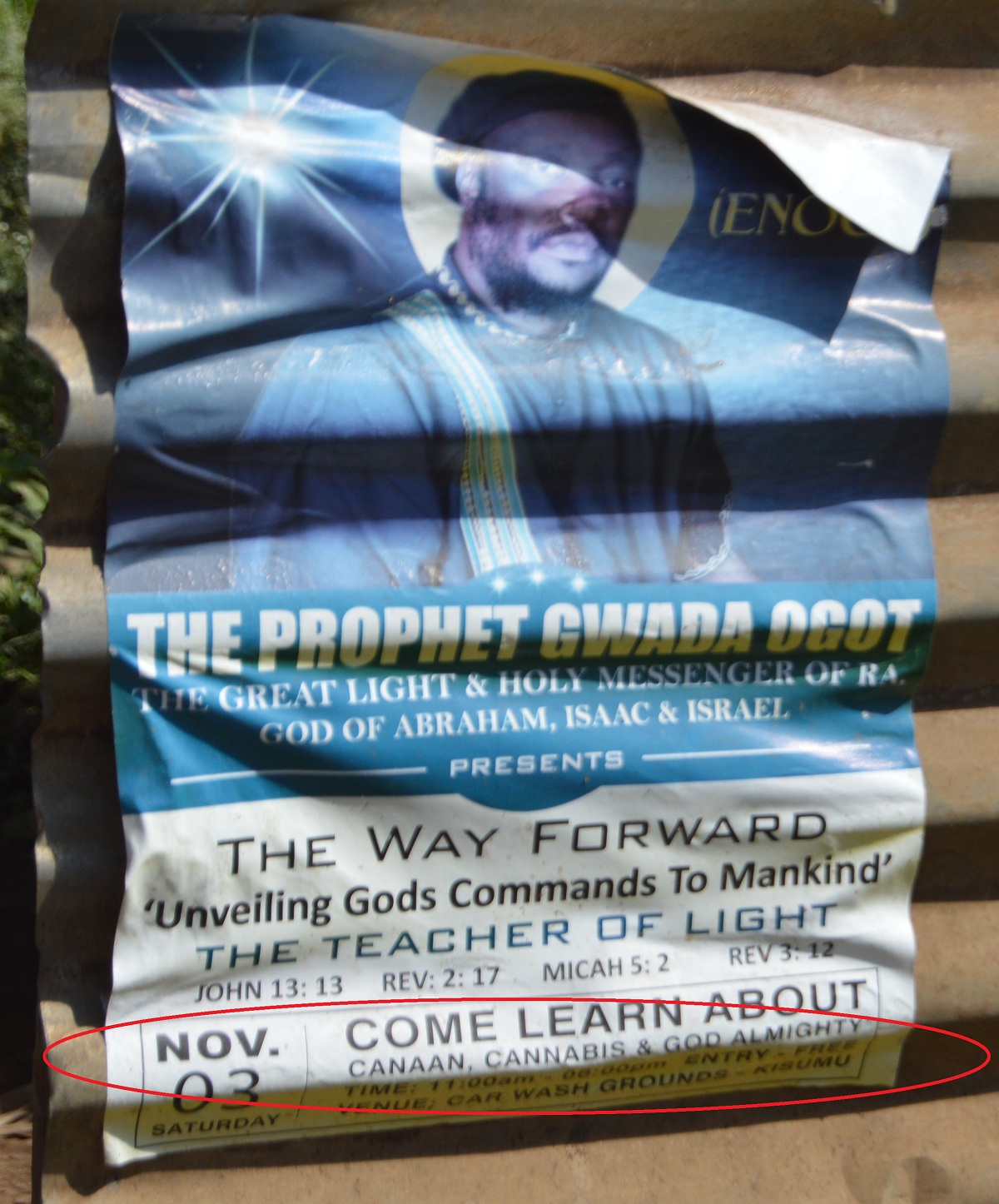 “Come learn about: Caanan, Cannabis and Almighty God,” advert by Prophet Gwada Ogot