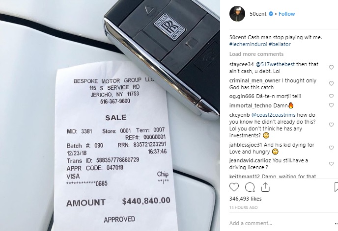 Rapper 50 Cents buys a Rolls Royce and posts the receipt on Instagram