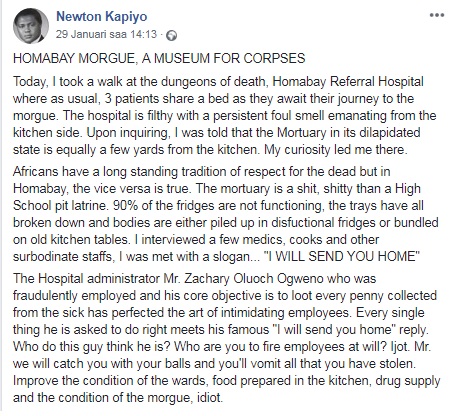 Newton Kapiyo exposes the rot at Homa Bay Referral Hospital using Facebook