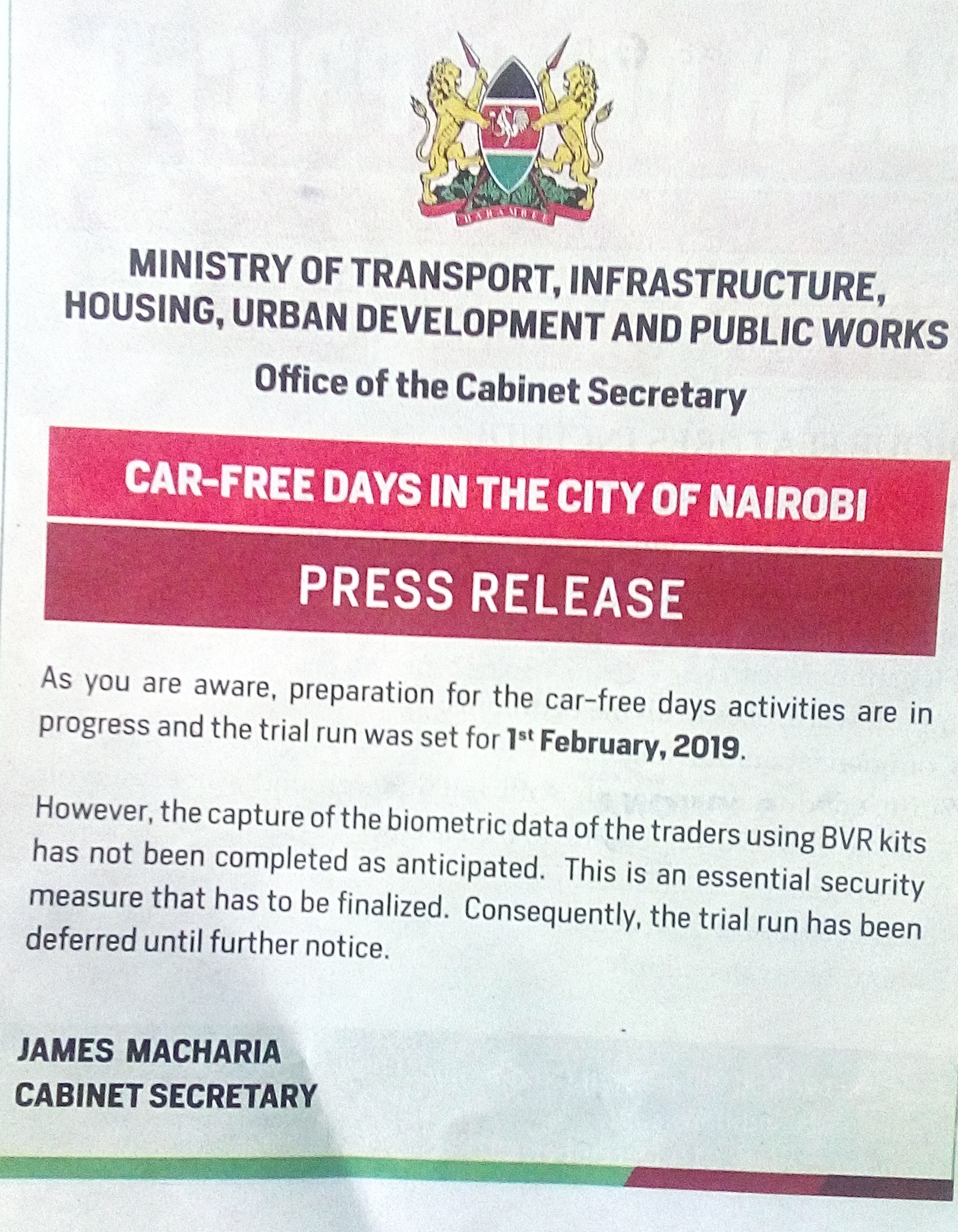 Implementation of car-free days in Nairobi City deferred until further notice