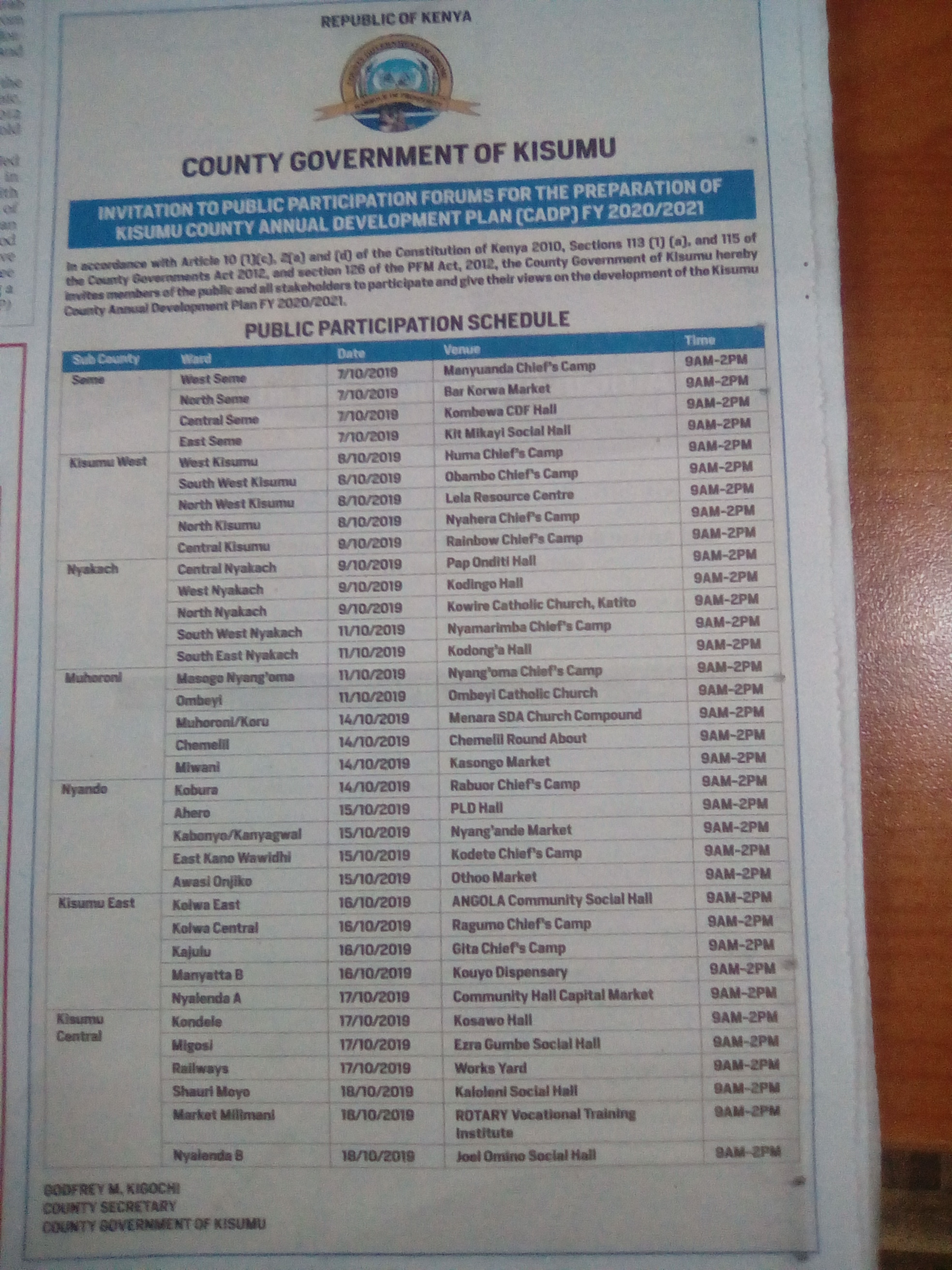 Call for public participation on Kisumu County ADP 2020/2021