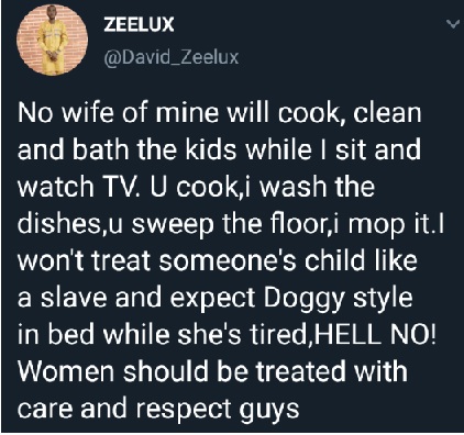 This man is a hero after he declared he won’t sit and watch his wife do all house chores
