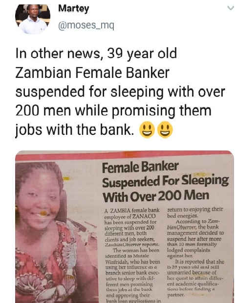 Female Zambian banker suspended for sleeping with 200 men