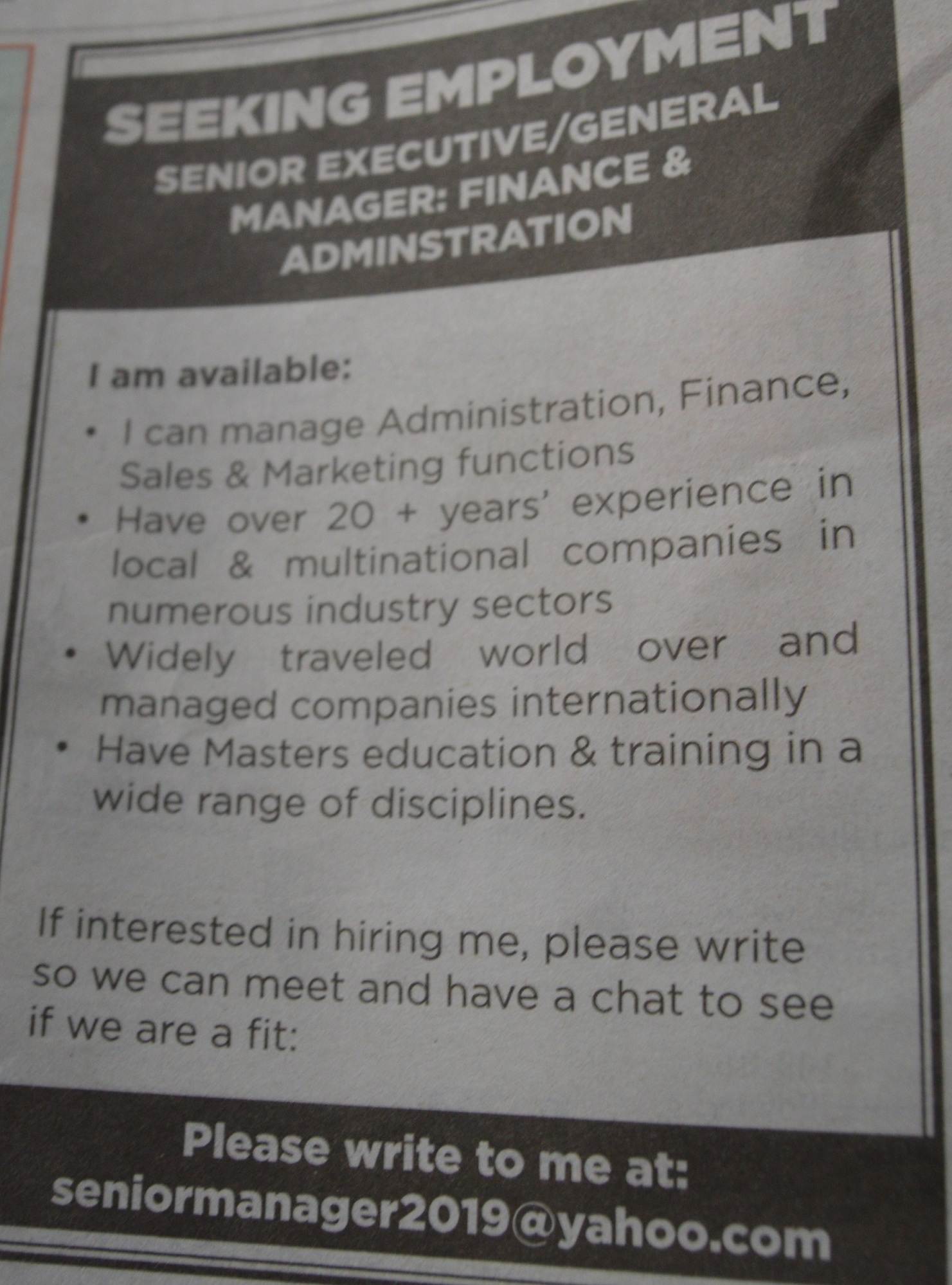 Kenyan advertises on local daily in search for employment