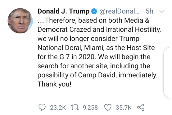 Donald Trump explains why Trump National Doral in Miami will not host G-7 in 2020