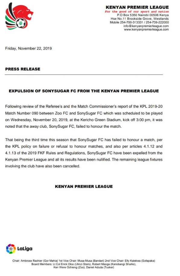 Sony Sugar FC have been expelled from the Kenya Premier League