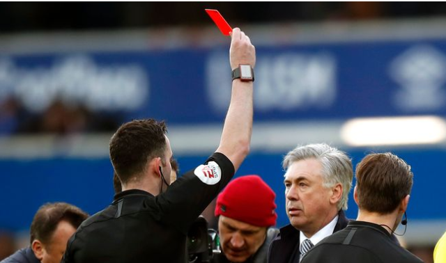 Carlo Ancelotti becomes the first Premier League manager to be shown a red card since it was introduced.