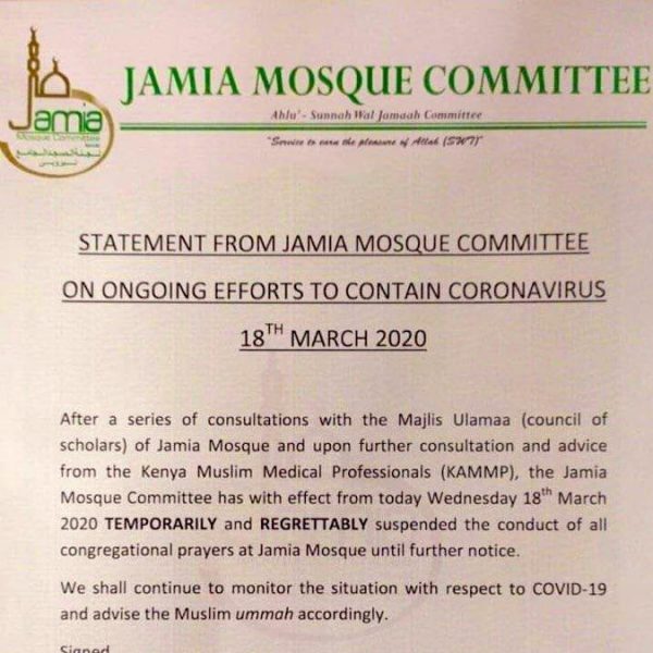 Statement from Jamia Mosque Committee on Coronavirus