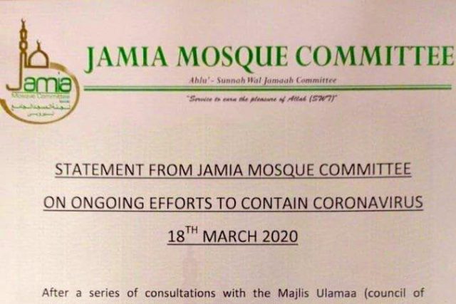 Statement from Jamia Mosque Committee on Coronavirus