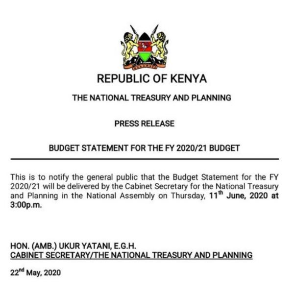 Kenya Budget statement to be read 11th June