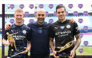 Manchester City midfielder Kevin de Bruyne (left) equalled the Premier League assist record as goalkeeper Ederson won the Golden Glove award