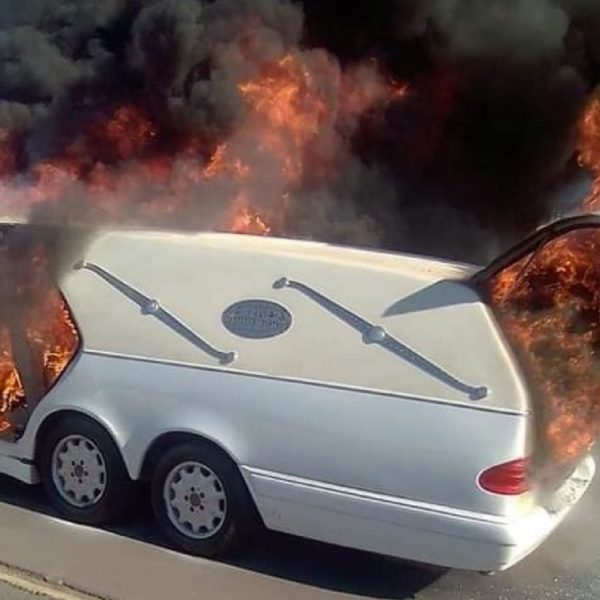 Hearse burns up in flames