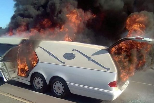 Hearse burns up in flames
