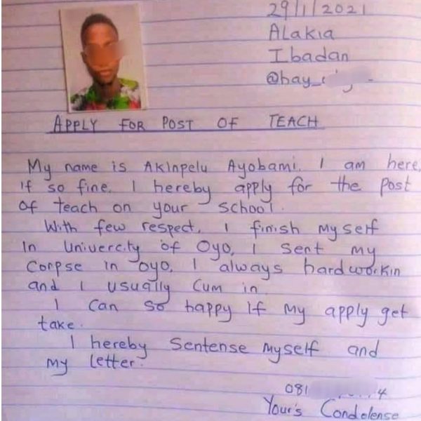 A Nigerian man hoping to become a teacher wrote this application letter