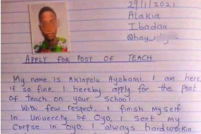 A Nigerian man hoping to become a teacher wrote this application letter