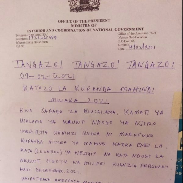 Security Committee of Njoro Sub-County has banned the cultivation of maize in Nessuit, Sigotik and Misipei  up to Dec 2021