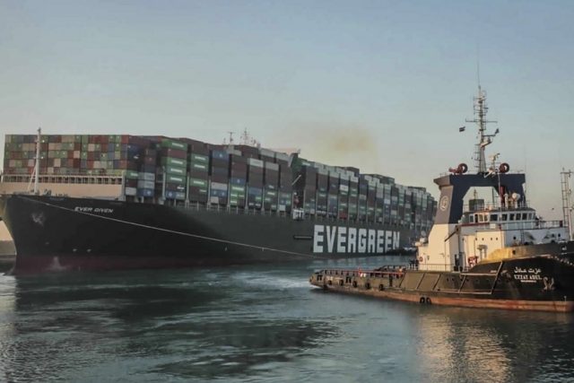 The stuck container ship, Ever Given, at the Suez Canal set free