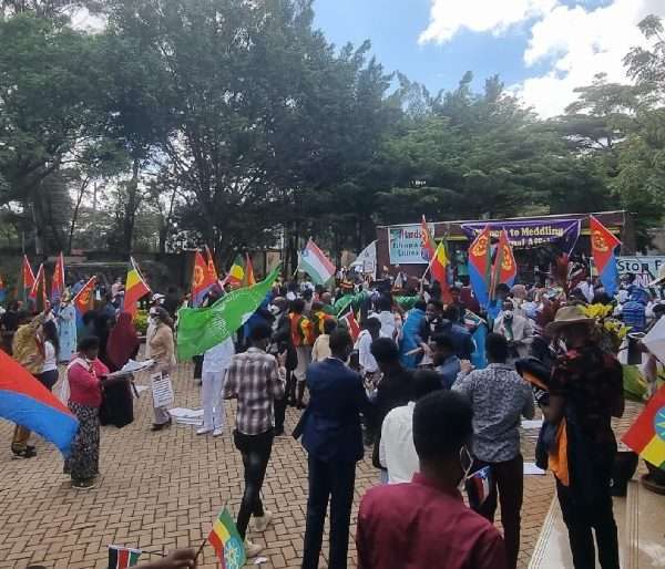 Anti-TPLF Protesters march outside the Ethiopian Embassy in Nairobi