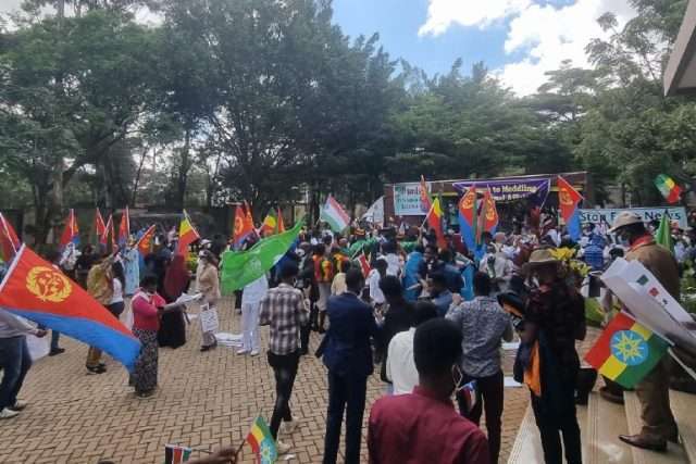 Anti-TPLF Protesters march outside the Ethiopian Embassy in Nairobi