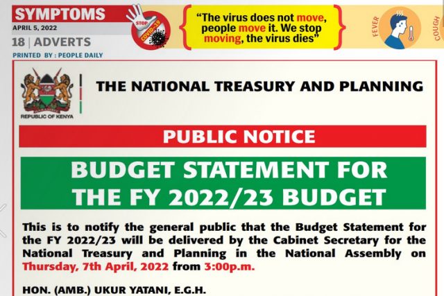 Hon. Ukur Yatan, CS Finance will read the budget speech on 7th April 2022 from 3 pm