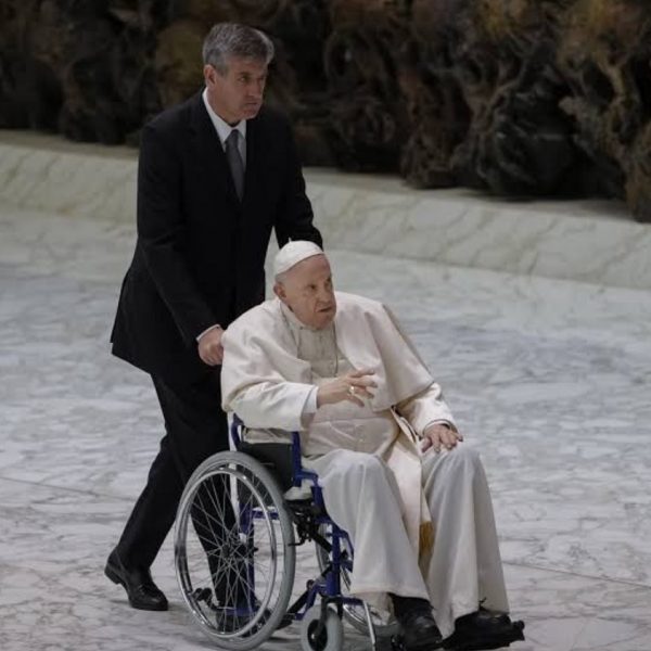 Pope Francis seen on a wheel chair after a knee surgery