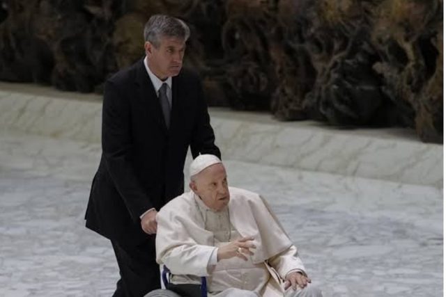Pope Francis seen on a wheel chair after a knee surgery