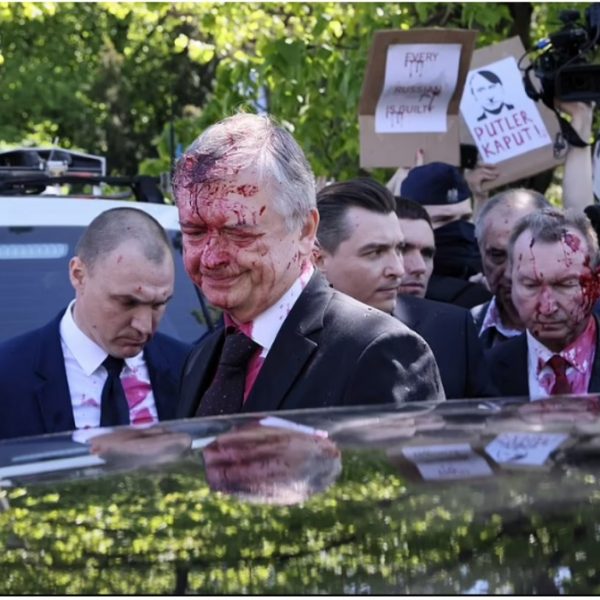 Russian ambassador to Poland has been doused in red paint and was branded a ‘fascist’ by pro-Ukraine activists over Ukraine’s invasion