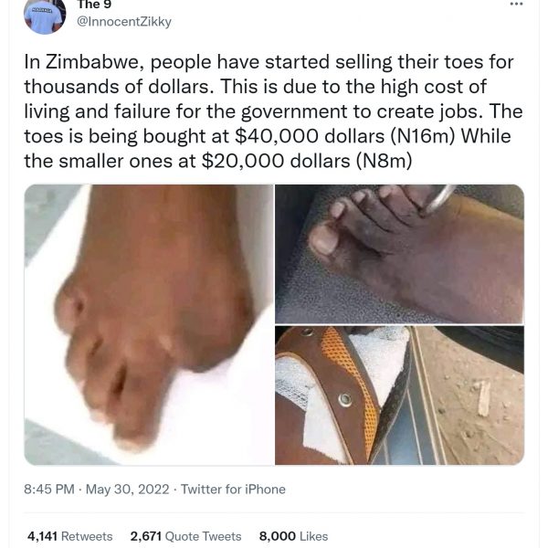 Are Zimbabweans selling their toes due to increased standard of living?