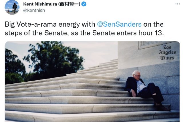 Bernie Sanders creates a new MEME at the steps of Capitol  amid a Vote-a-Rama in Washington DC