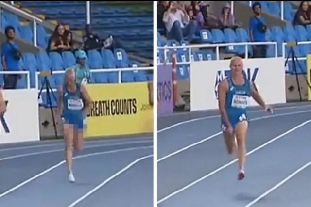 Italian decathlete penis pops out of his shorts during the 400 meters race