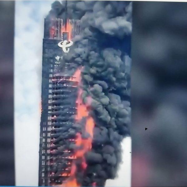 A skyscraper goes up in flames in China