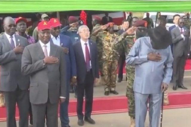 South Sudan President, Salva Kiir Mayardit, 71, wets himself while singing the national anthem during a public event