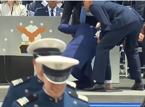 President Joe Biden falls on stage during Air Force Academy graduation