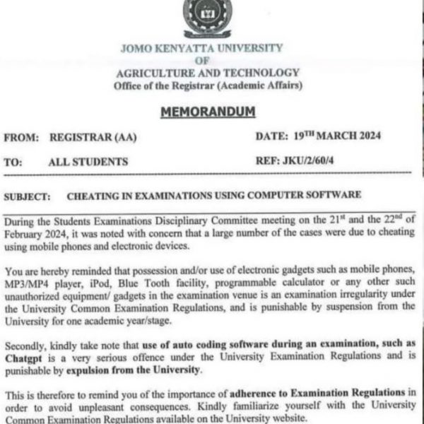 JKUAT students caught using ChatGPT during exams to be Expelled